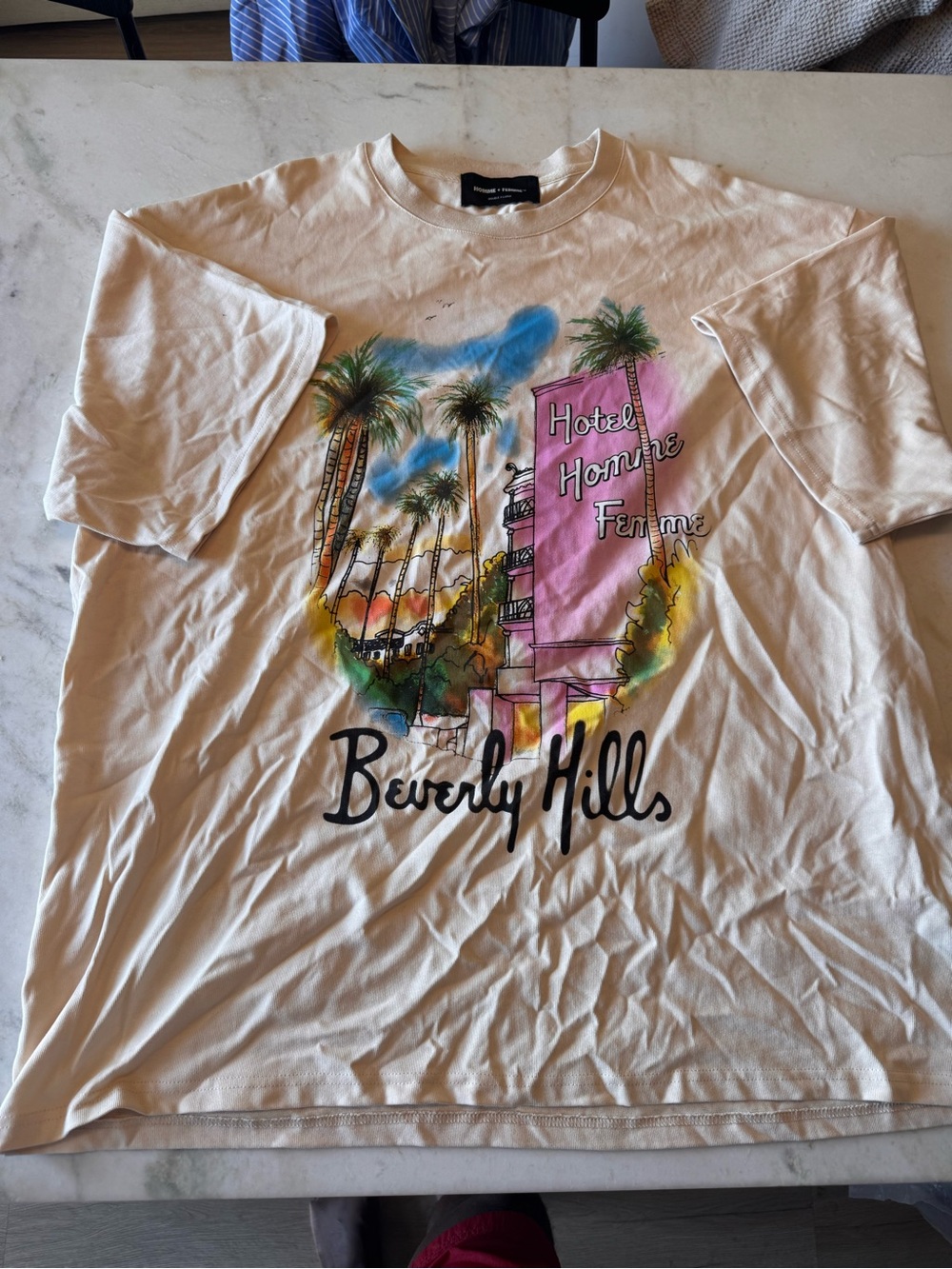 Beverly Hills Graphic Tee - White with Pink & Blue Artwork